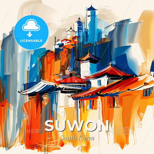Vibrant Suwon, South Korea - A Painting Of Buildings And Towers - Square format print template