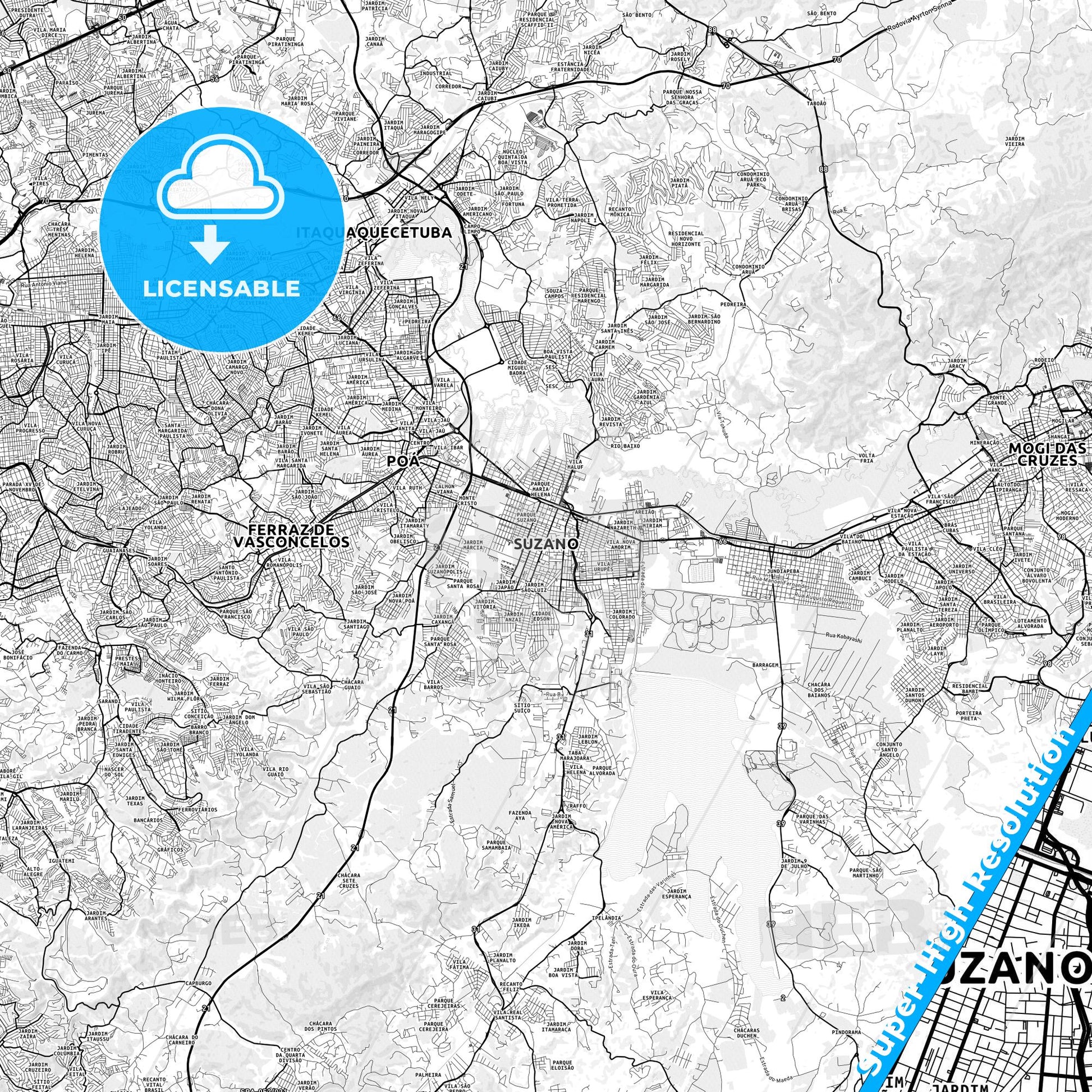 Suzano, Brazil light map with streetnames, citynames and districts