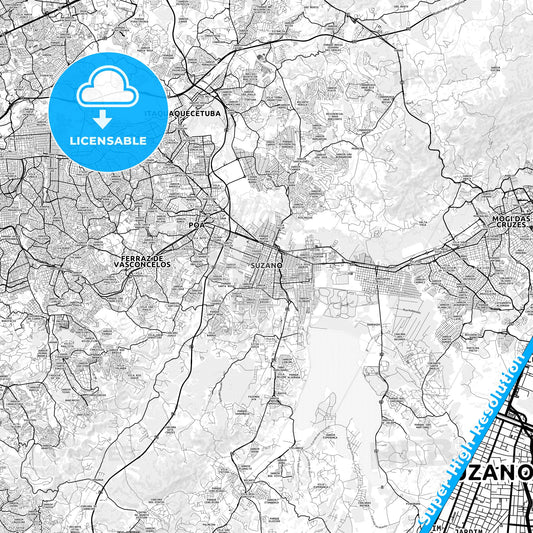 Suzano, Brazil light map with streetnames, citynames and districts