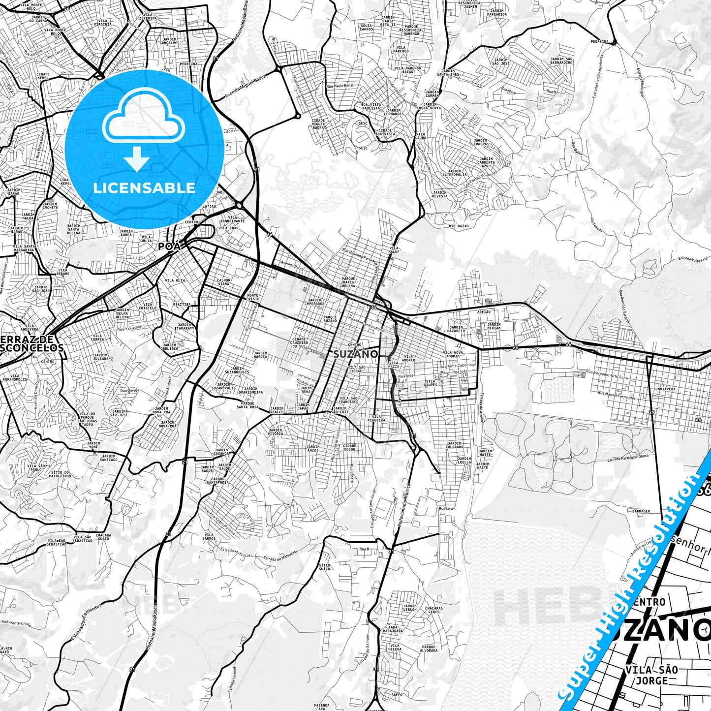 Suzano, Brazil Light Map with Street Names, City Names, and Districts