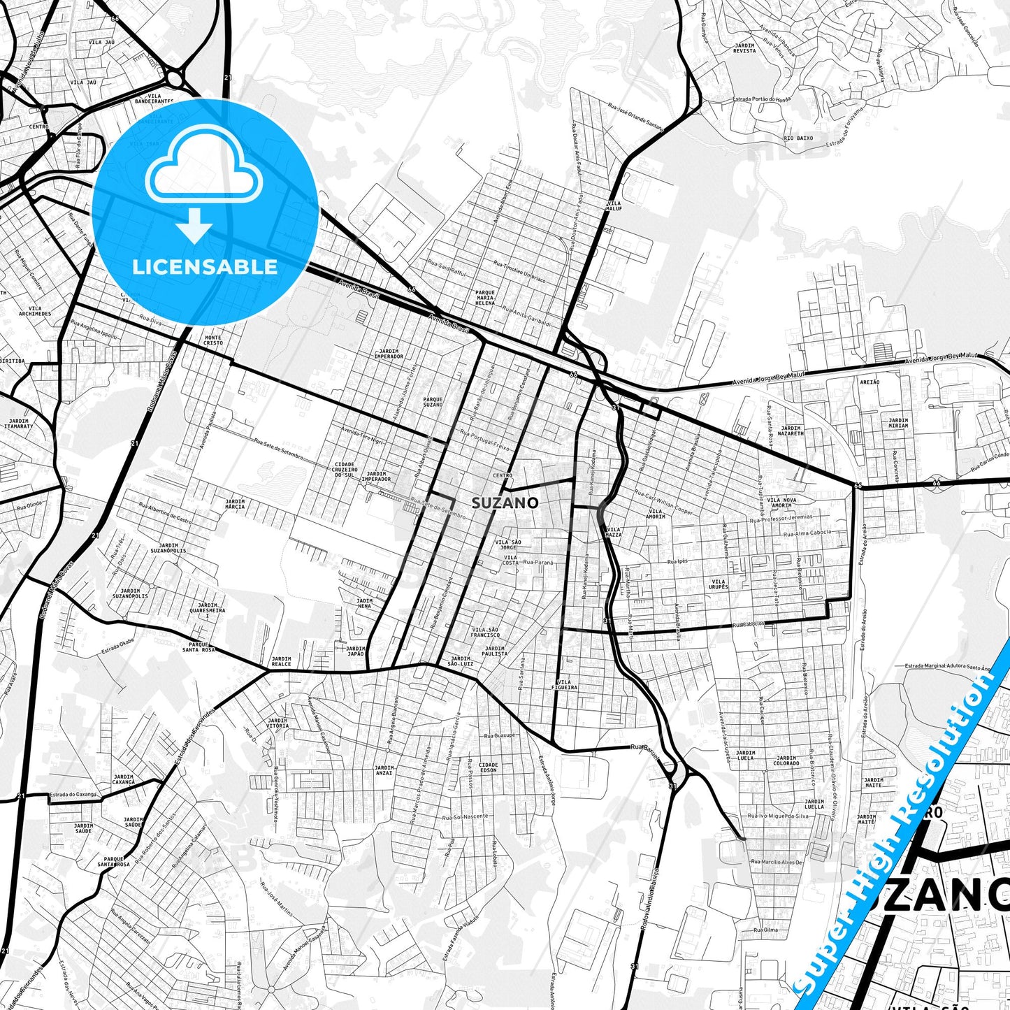 Suzano, Brazil Light Map with Street Names, City Names, and Districts