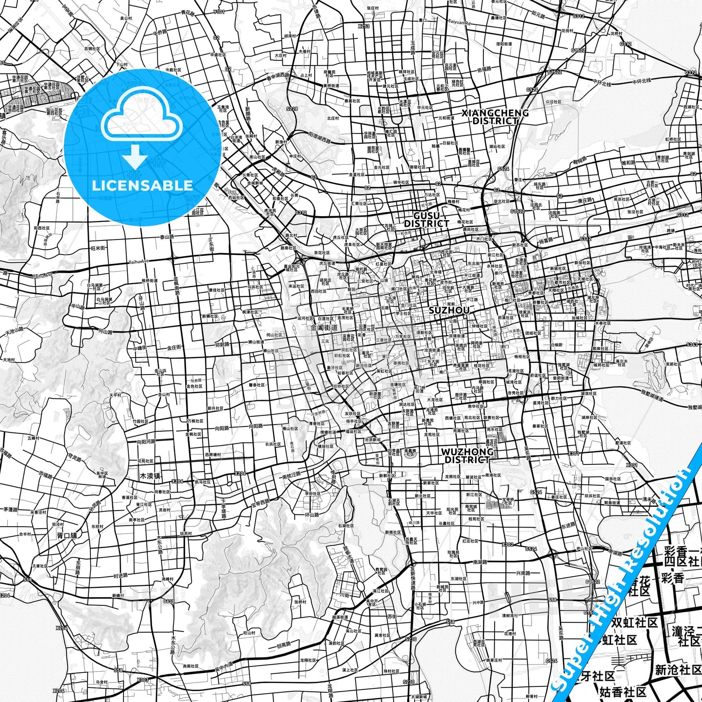 Suzhou, China light map with streetnames, citynames and districts
