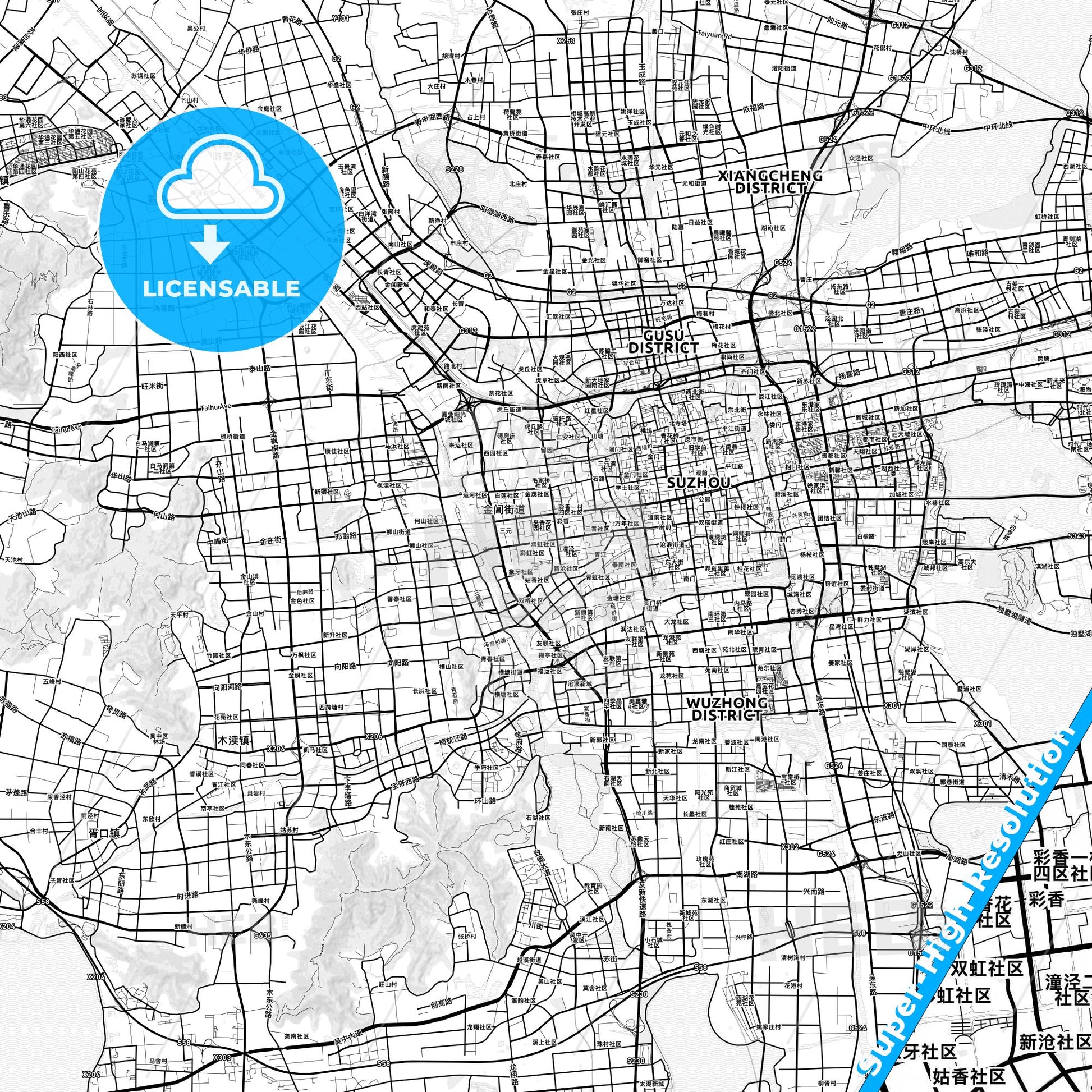 Suzhou, China light map with streetnames, citynames and districts
