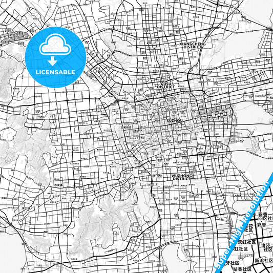Suzhou, China light map with streetnames, citynames and districts