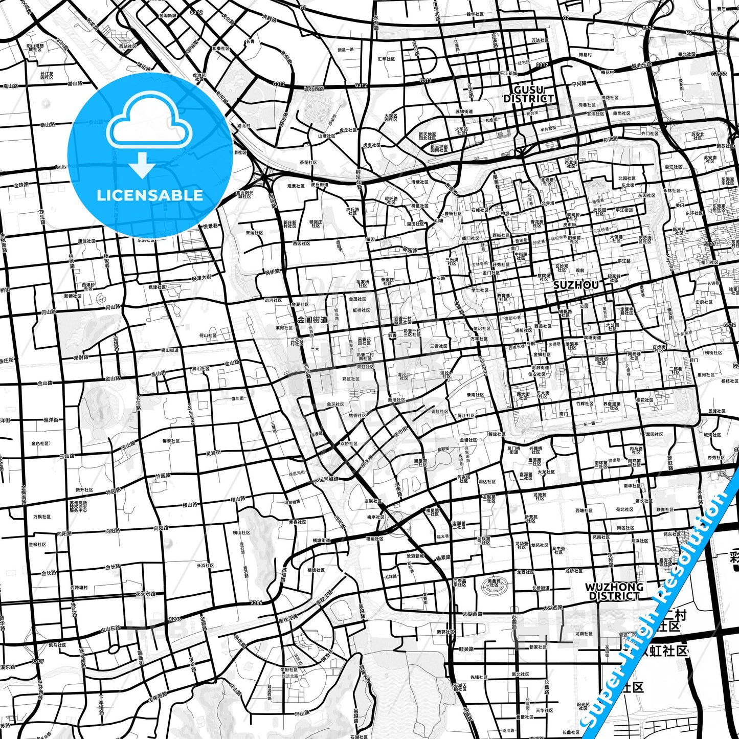 Suzhou, China Light Map with Street Names, City Names, and Districts
