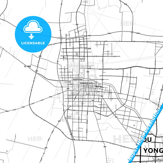 Suzhou, China light map with streetnames, citynames and districts