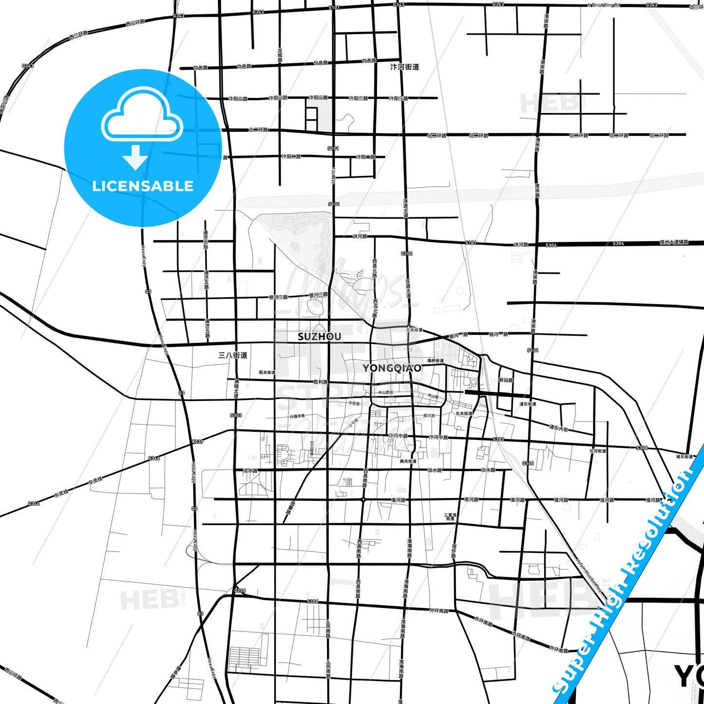 Suzhou, China Light Map with Street Names, City Names, and Districts