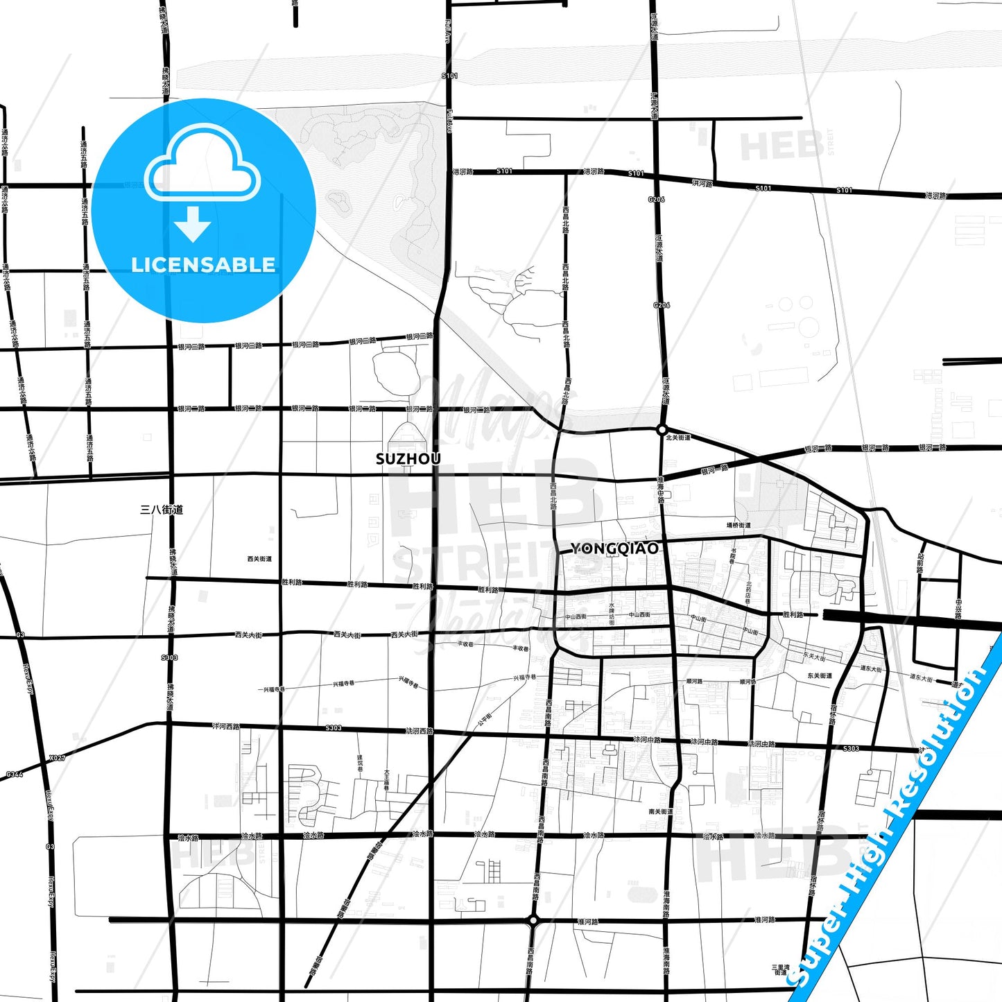 Suzhou, China Light Map with Street Names, City Names, and Districts