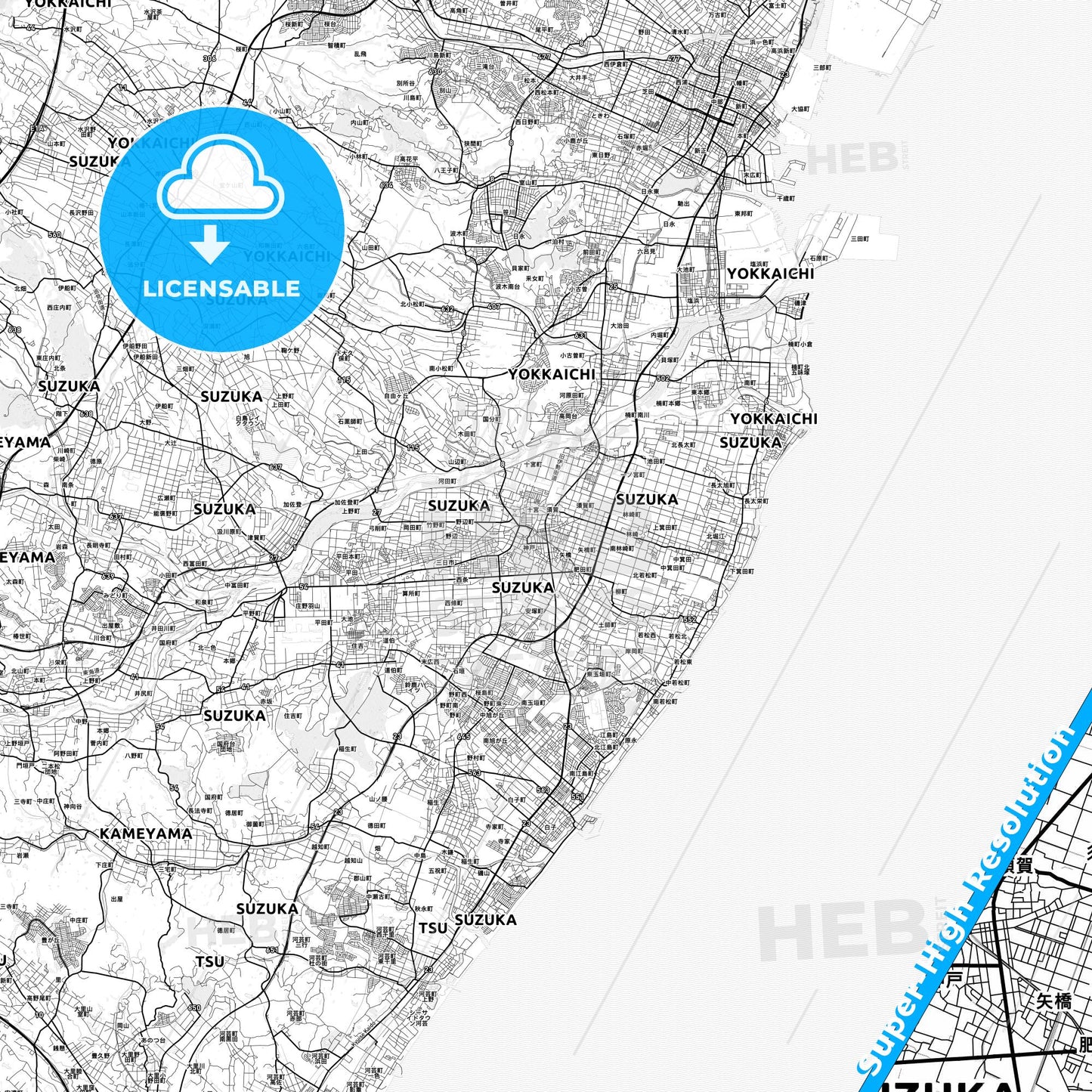 Suzuka, Japan light map with streetnames, citynames and districts