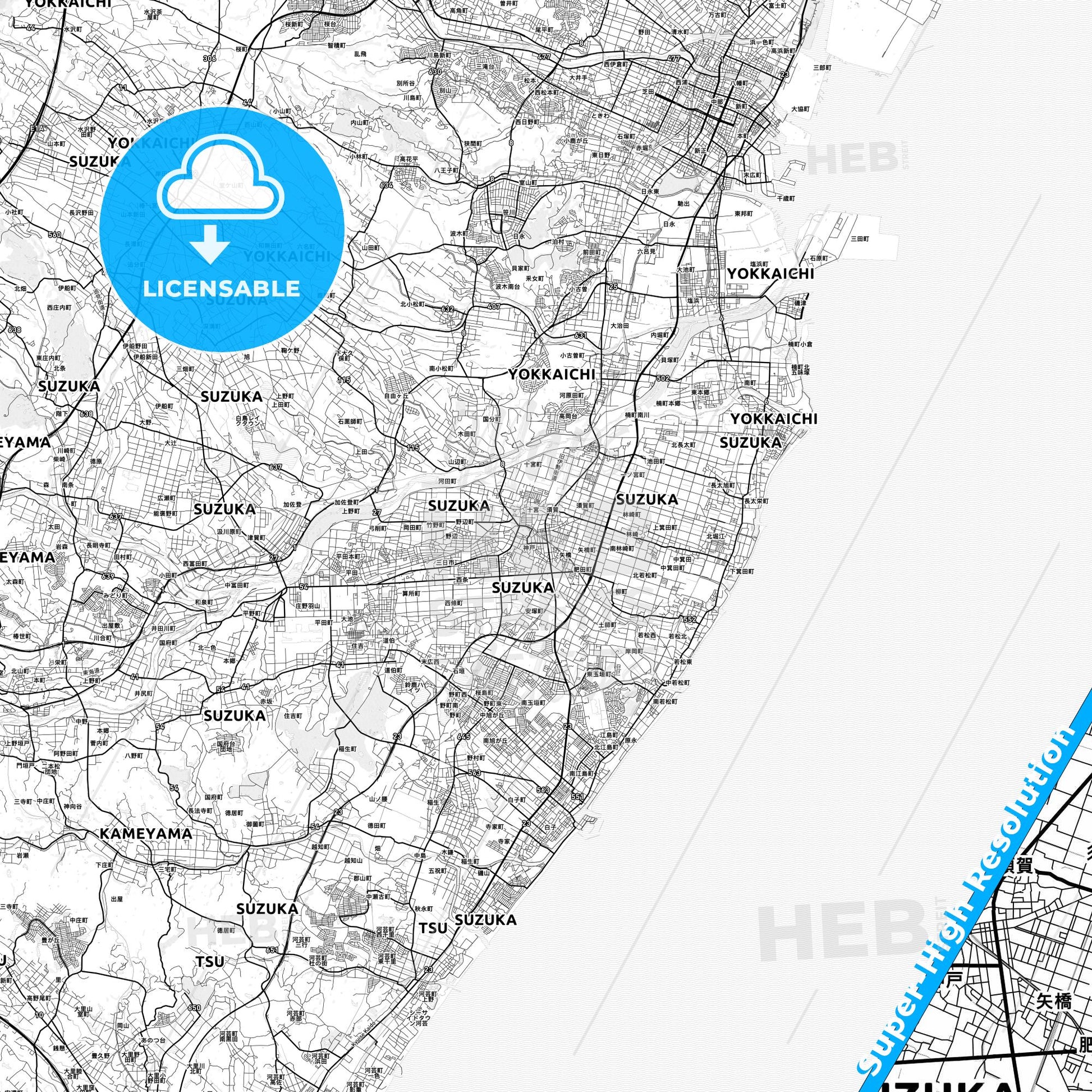 Suzuka, Japan light map with streetnames, citynames and districts