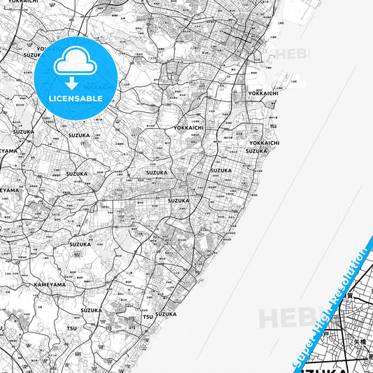 Suzuka, Japan light map with streetnames, citynames and districts