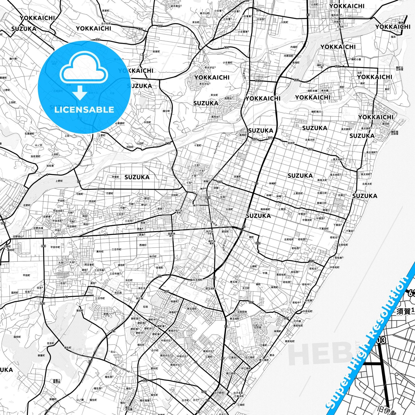 Suzuka, Japan Light Map with Street Names, City Names, and Districts
