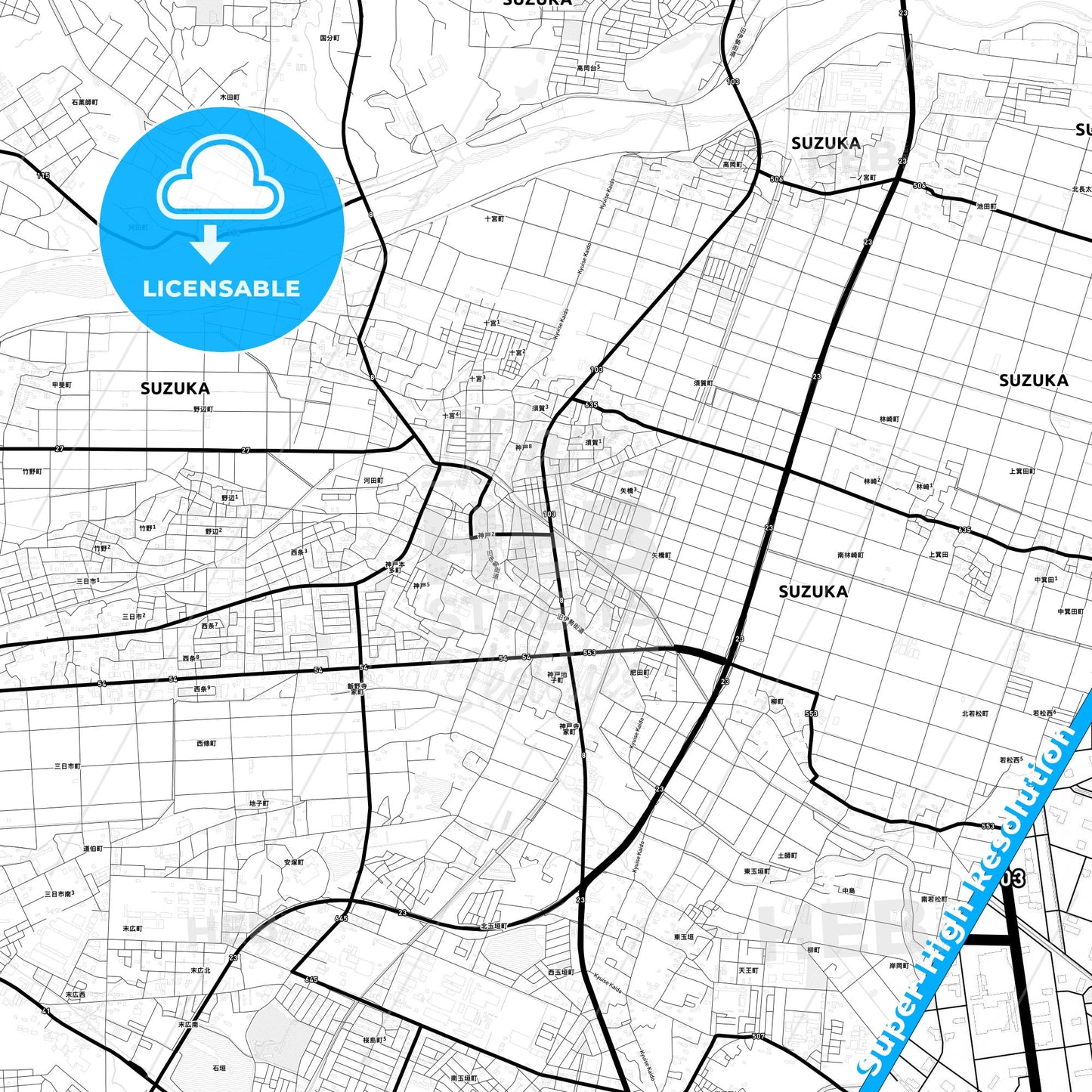 Suzuka, Japan Light Map with Street Names, City Names, and Districts