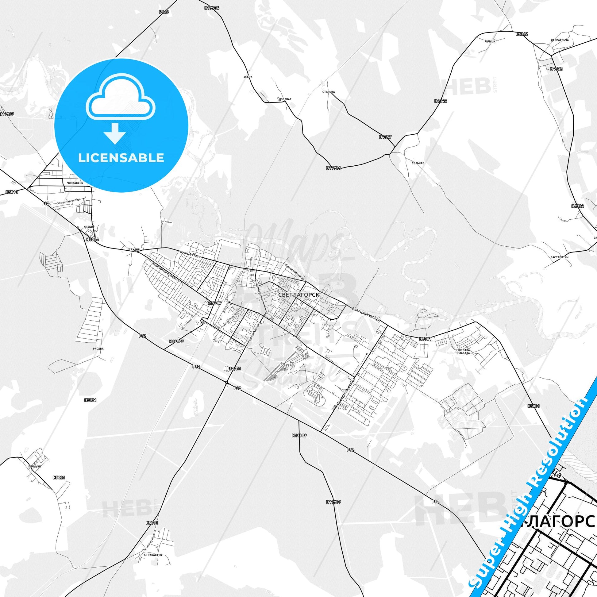 Svietlahorsk, Belarus light map with streetnames, citynames and districts
