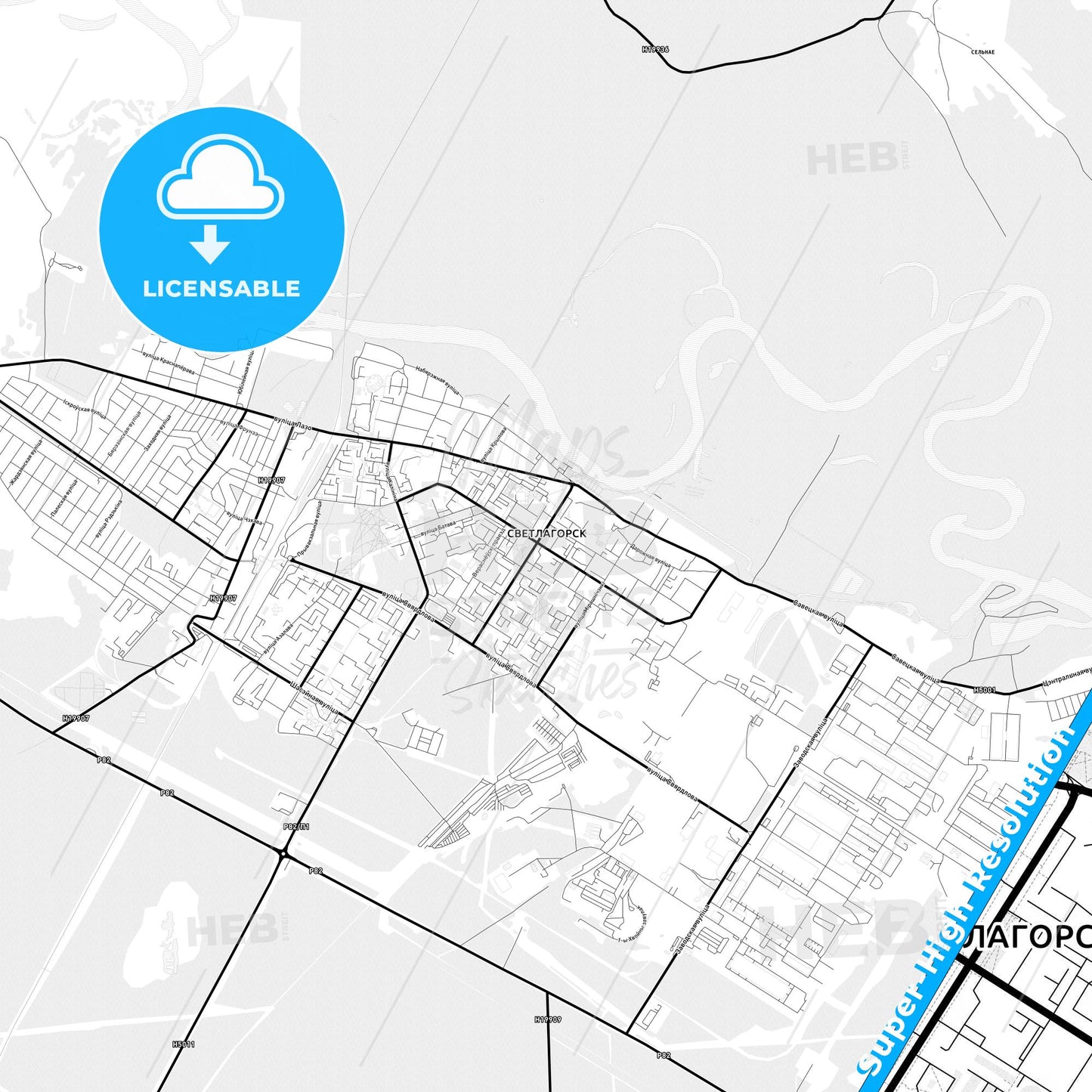 Svietlahorsk, Belarus Light Map with Street Names, City Names, and Districts