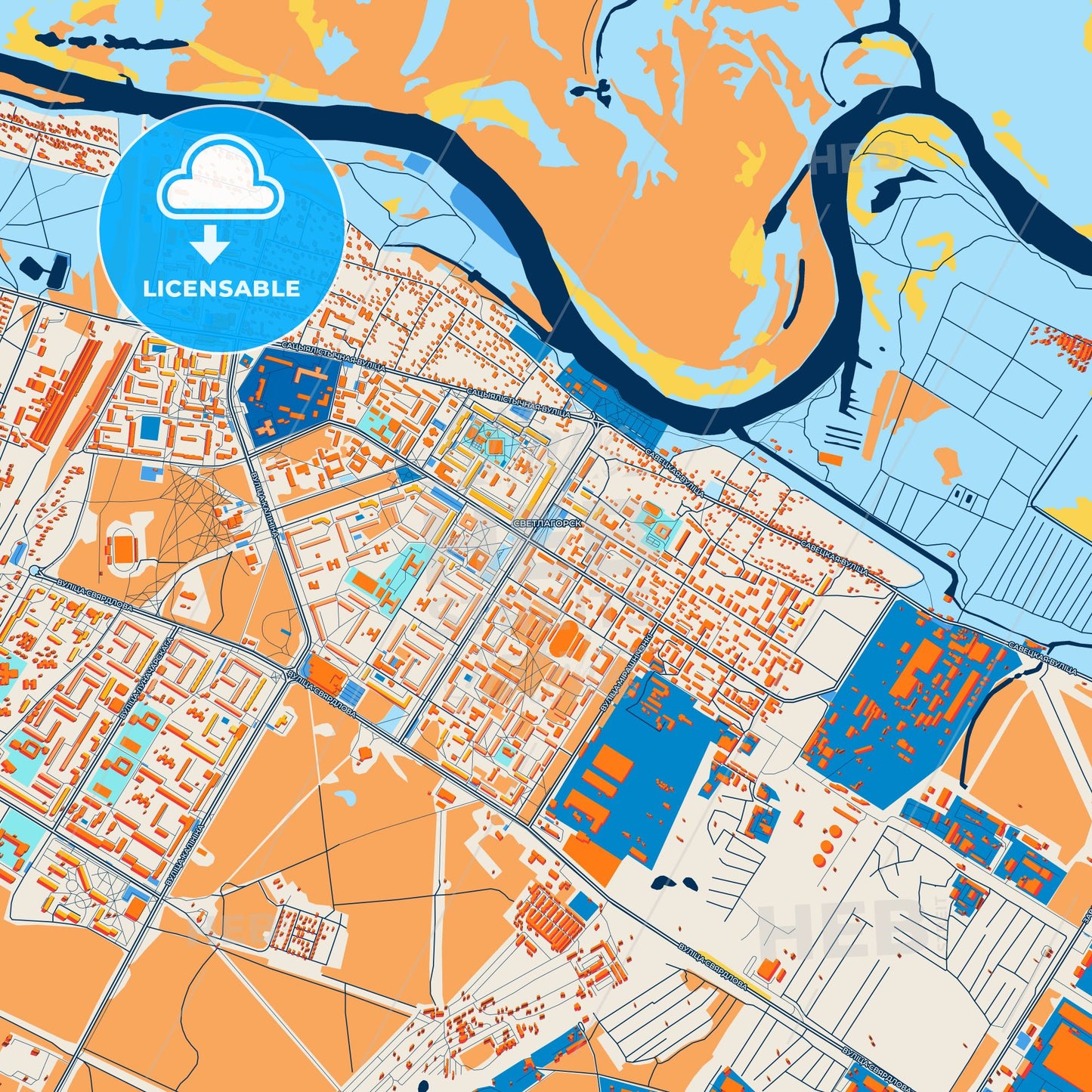 Colorful Svietlahorsk Street Map with Labels and Buildings