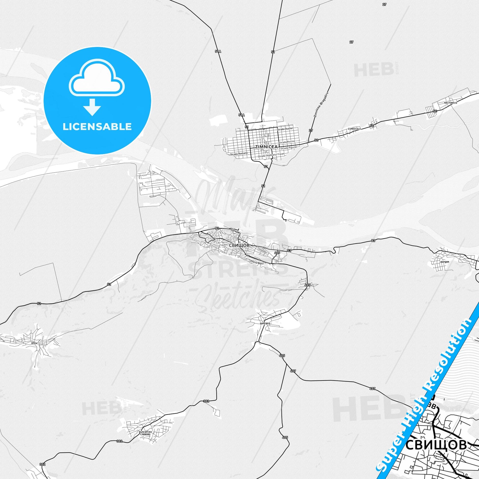 Svishtov, Bulgaria light map with streetnames, citynames and districts
