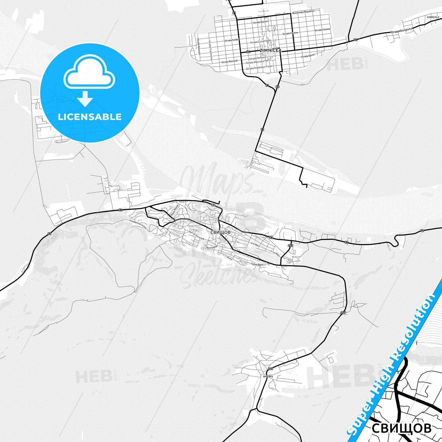 Svishtov, Bulgaria Light Map with Street Names, City Names, and Districts