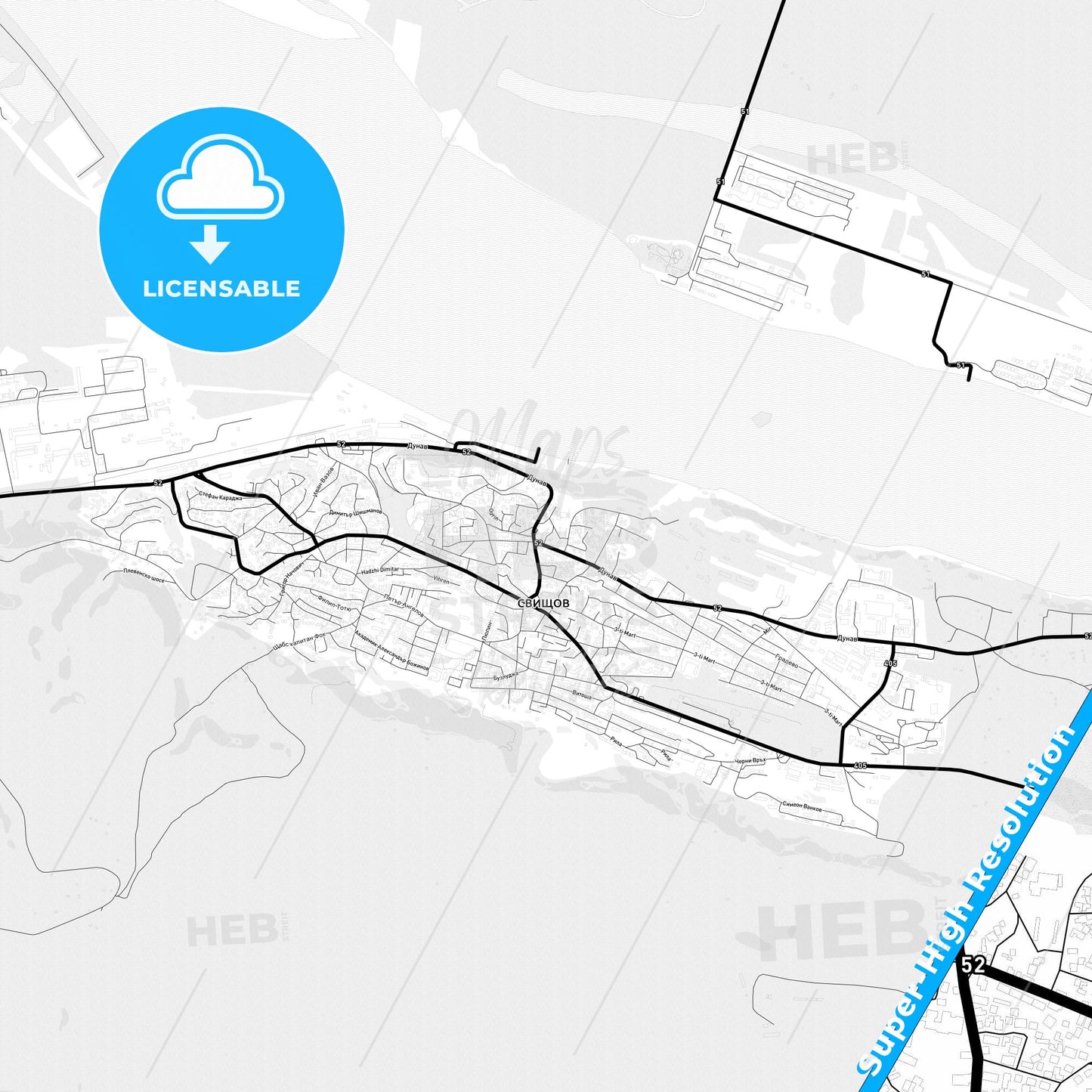 Svishtov, Bulgaria Light Map with Street Names, City Names, and Districts