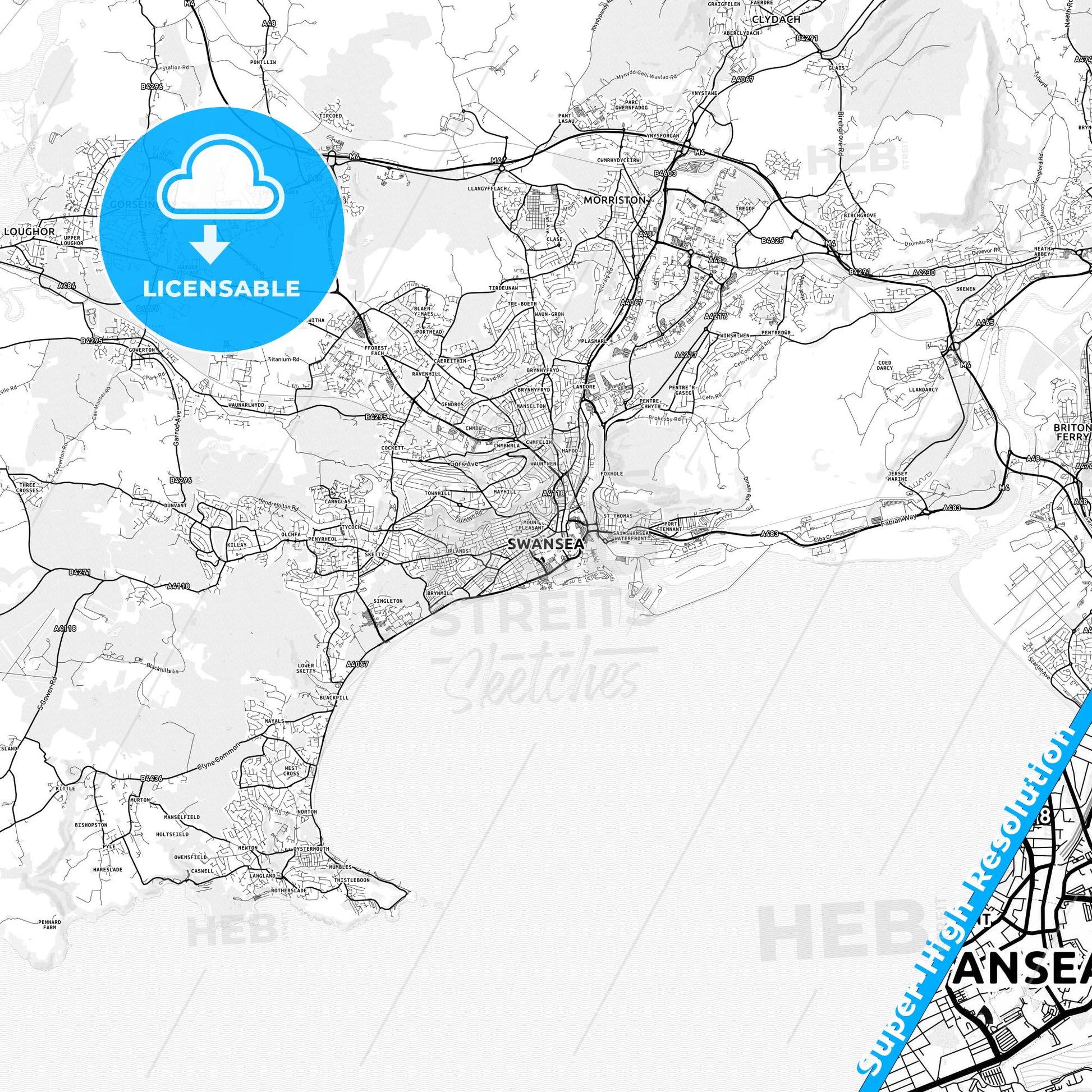 Swansea, Wales light map with streetnames, citynames and districts