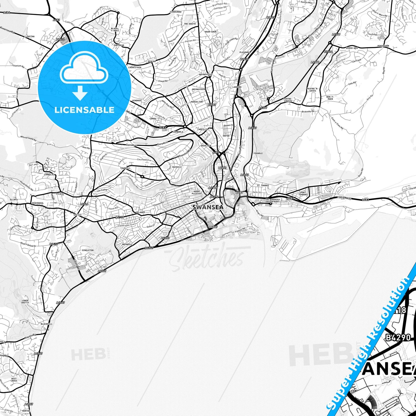 Swansea, Wales Light Map with Street Names, City Names, and Districts