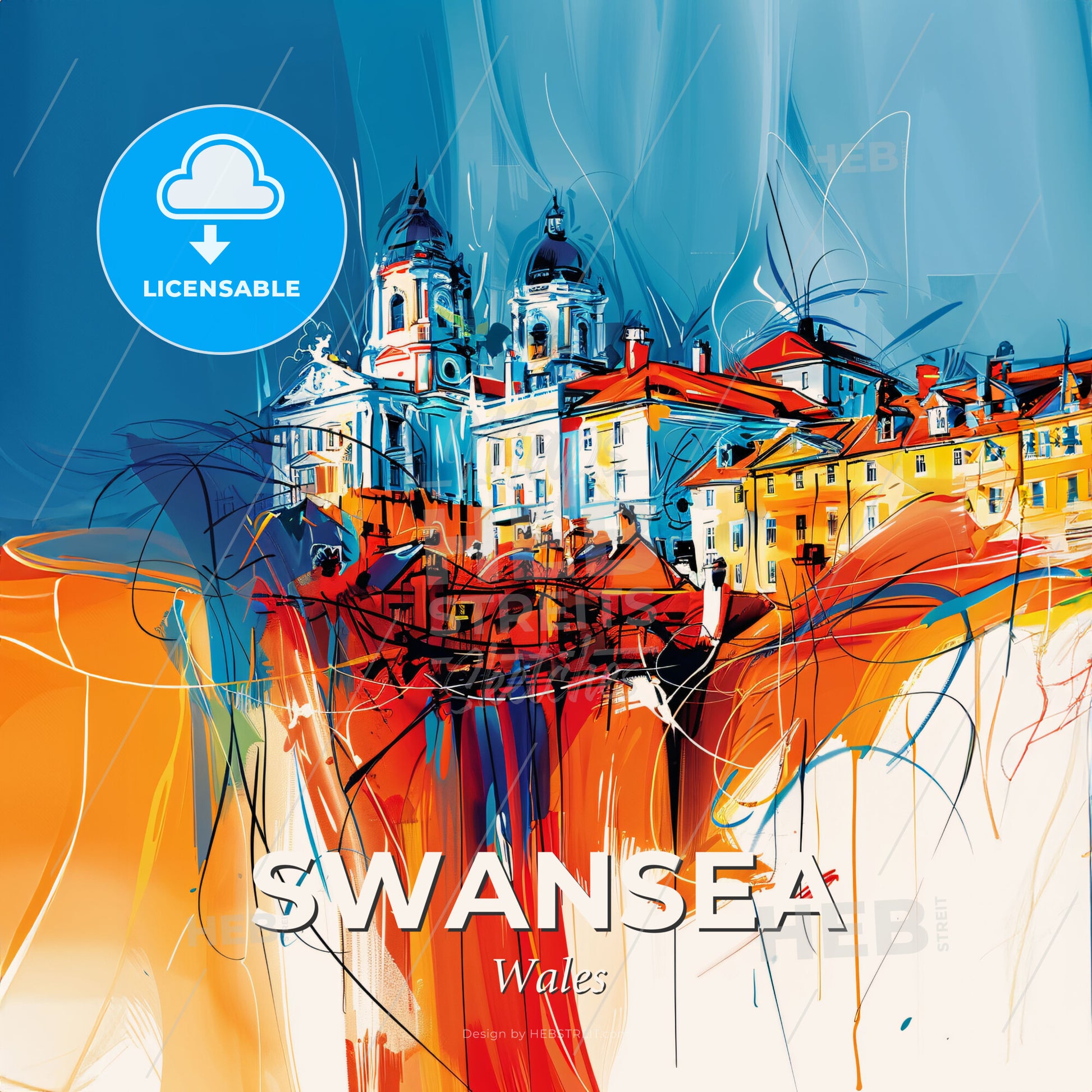 Vibrant Swansea, Wales - A Painting Of A City - Square format print template