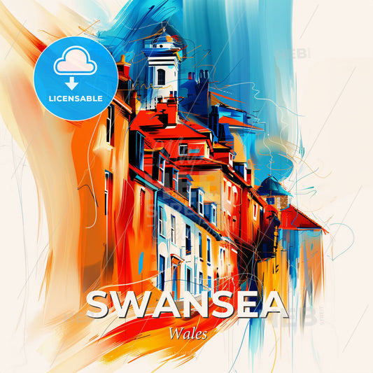 Vibrant Swansea, Wales - A Painting Of Buildings And A Tower - Square format print template