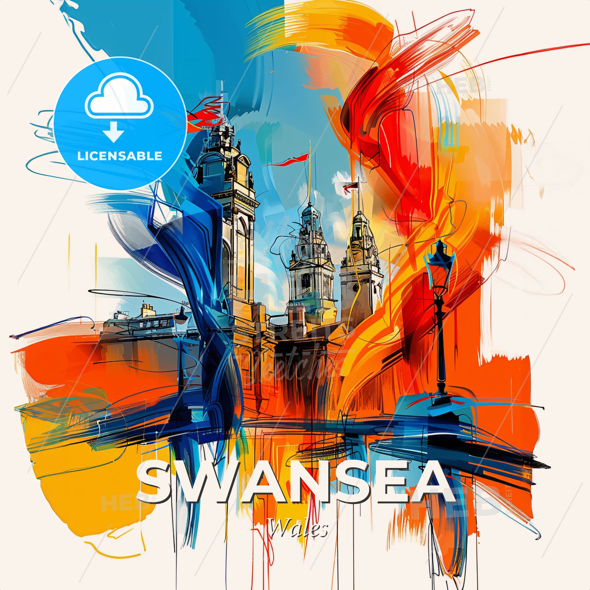 Vibrant Swansea, Wales - A Painting Of A Building With A Colorful Background - Square format print template