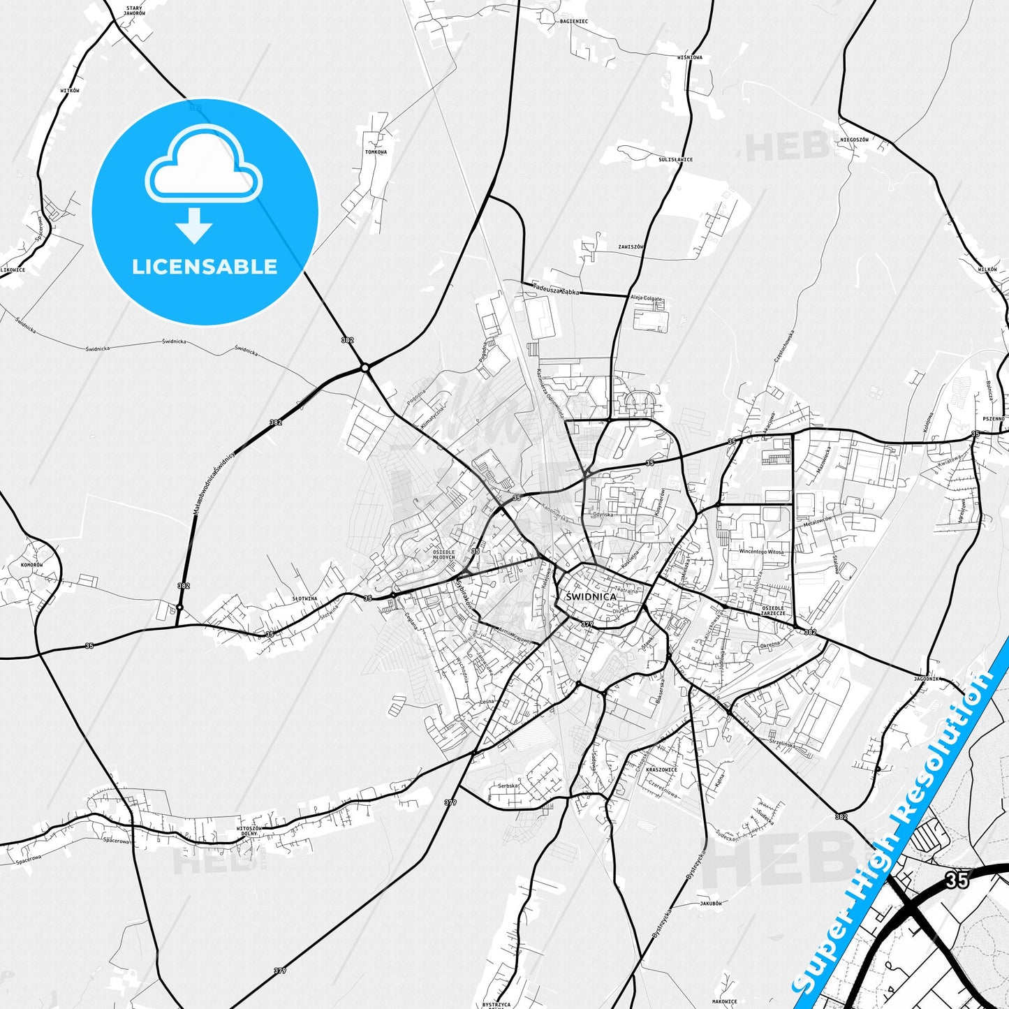 Świdnica, Poland Light Map with Street Names, City Names, and Districts
