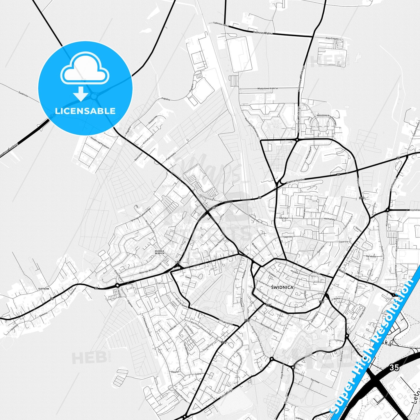 Świdnica, Poland Light Map with Street Names, City Names, and Districts