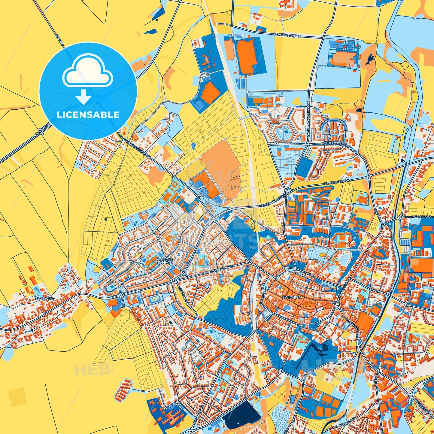 Colorful Świdnica Street Map with Labels and Buildings