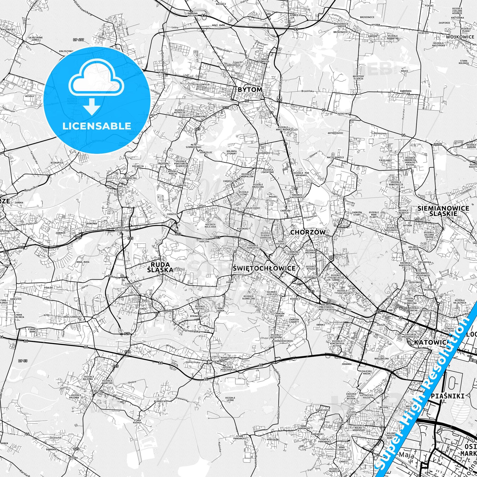 Świętochłowice, Poland light map with streetnames, citynames and districts
