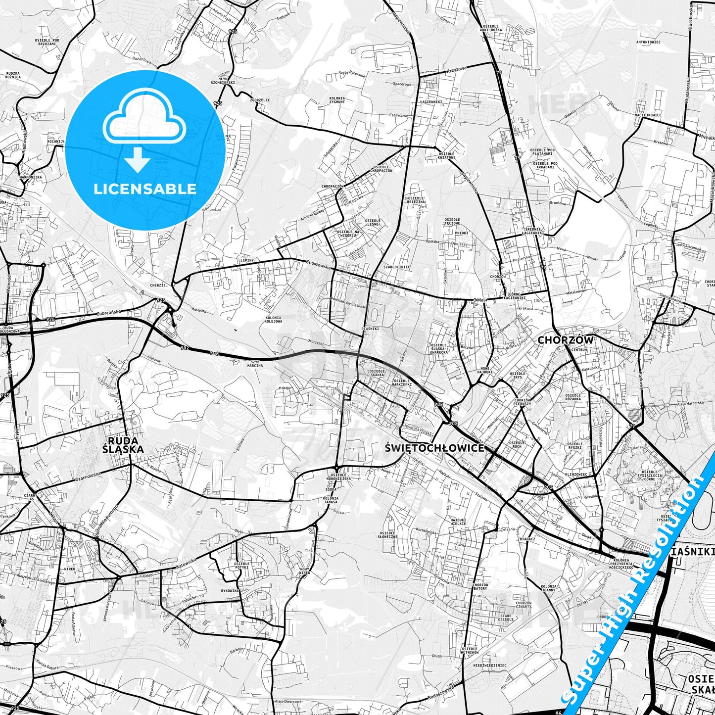 Świętochłowice, Poland Light Map with Street Names, City Names, and Districts