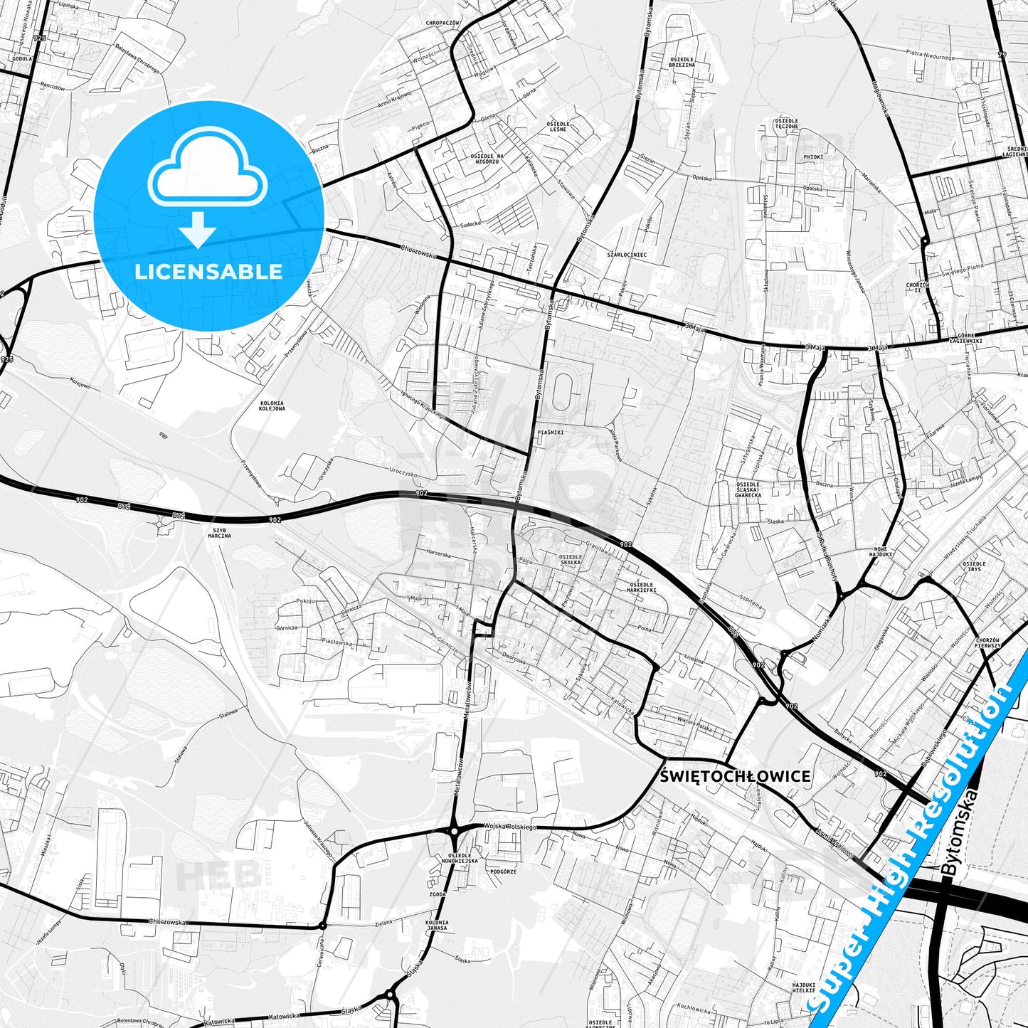Świętochłowice, Poland Light Map with Street Names, City Names, and Districts