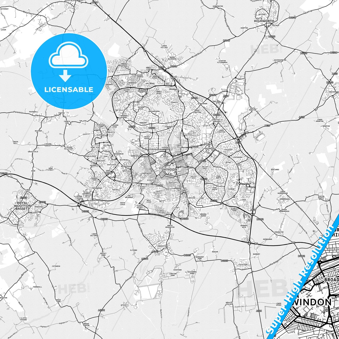 Swindon, England light map with streetnames, citynames and districts