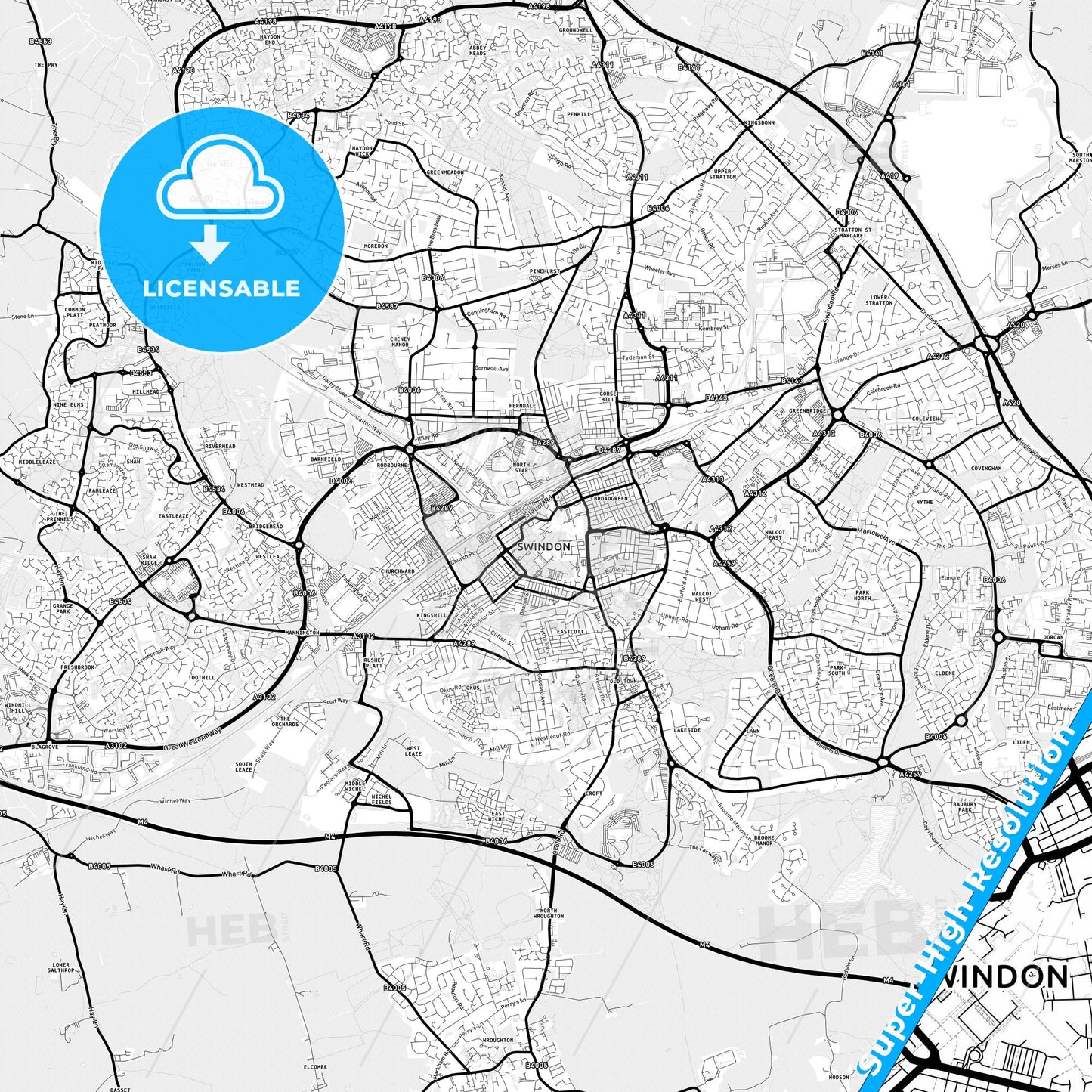 Swindon, England Light Map with Street Names, City Names, and Districts