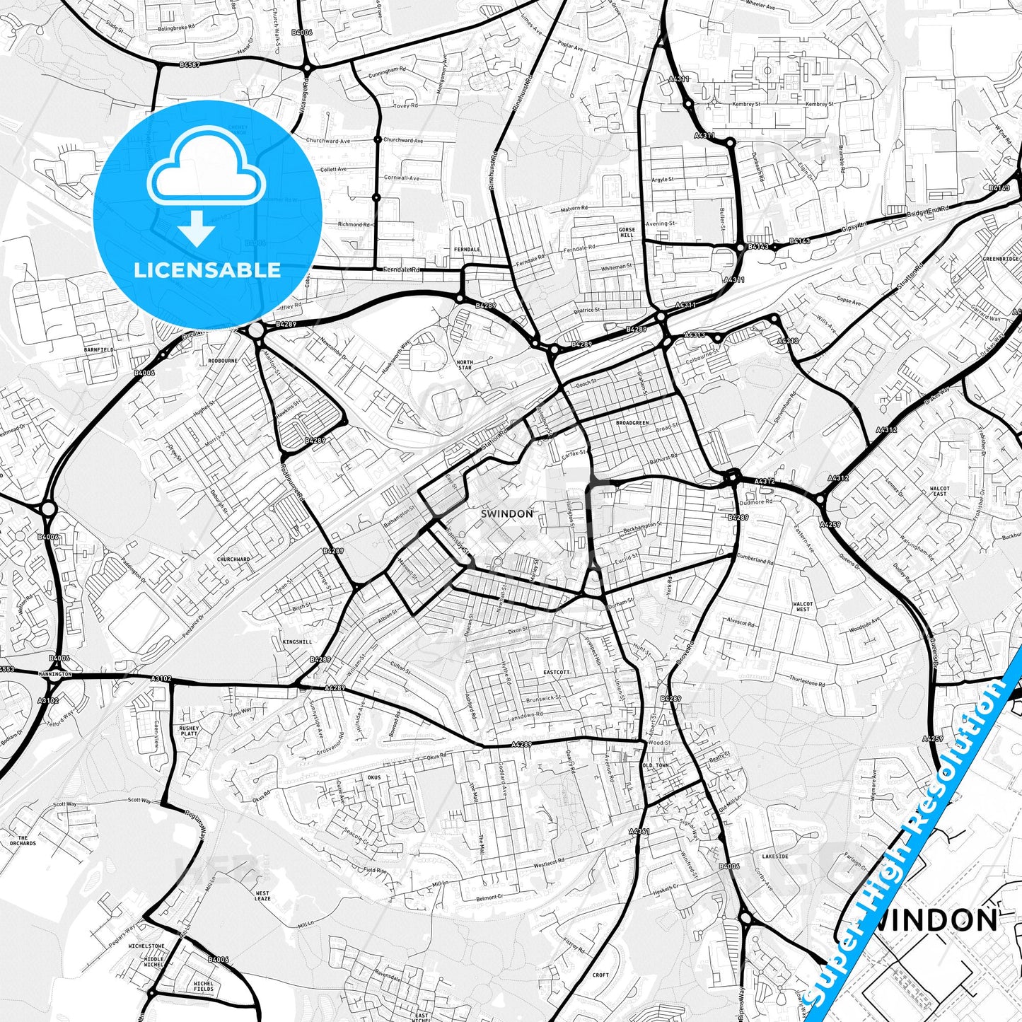 Swindon, England Light Map with Street Names, City Names, and Districts