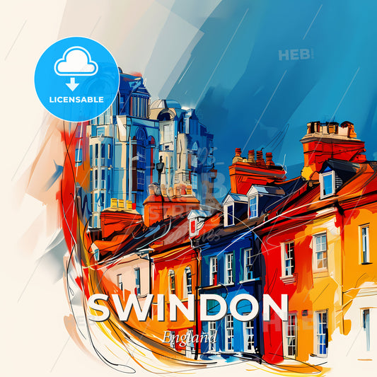 Vibrant Swindon, England - A Group Of Buildings With A Blue Background - Square format print template