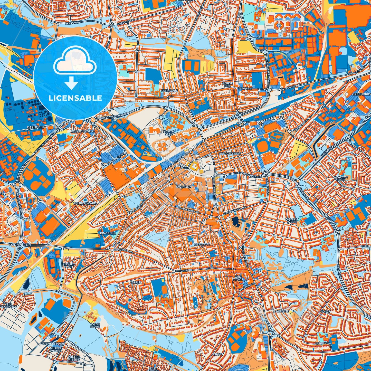 Colorful Swindon Street Map with Labels and Buildings