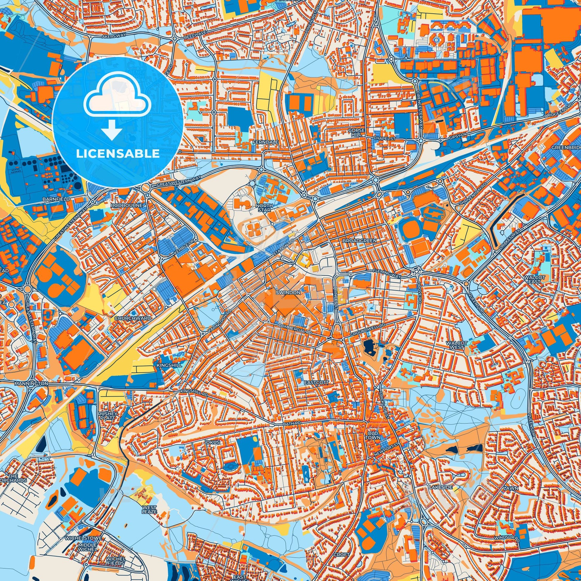 Colorful Swindon Street Map with Labels and Buildings