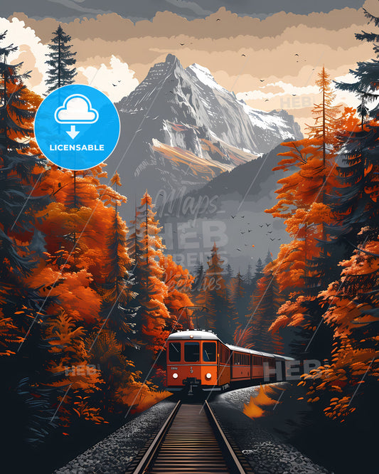 Enchanted Forest Railway Journey: Vibrant Painting of a Train Traversing a Lush Swiss Landscape