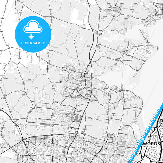 Swords, Ireland light map with streetnames, citynames and districts