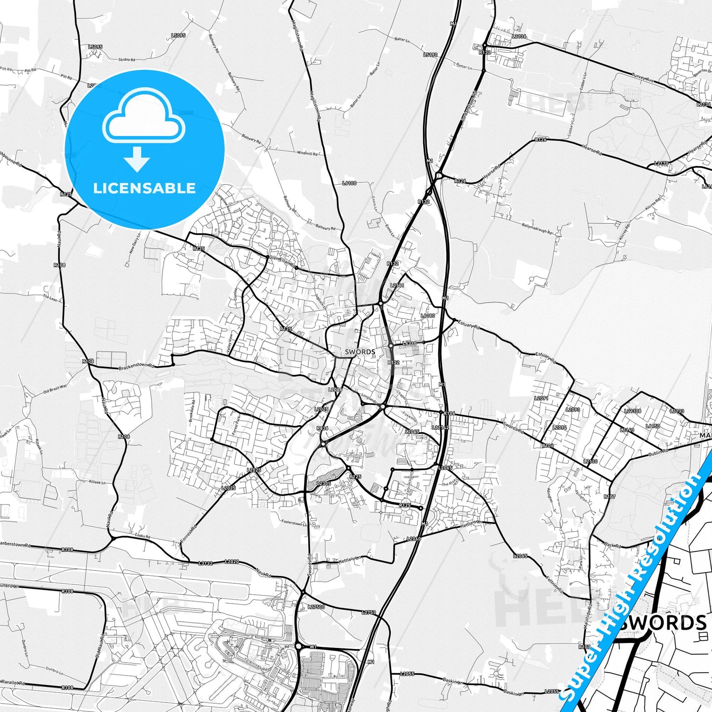 Swords, Ireland Light Map with Street Names, City Names, and Districts