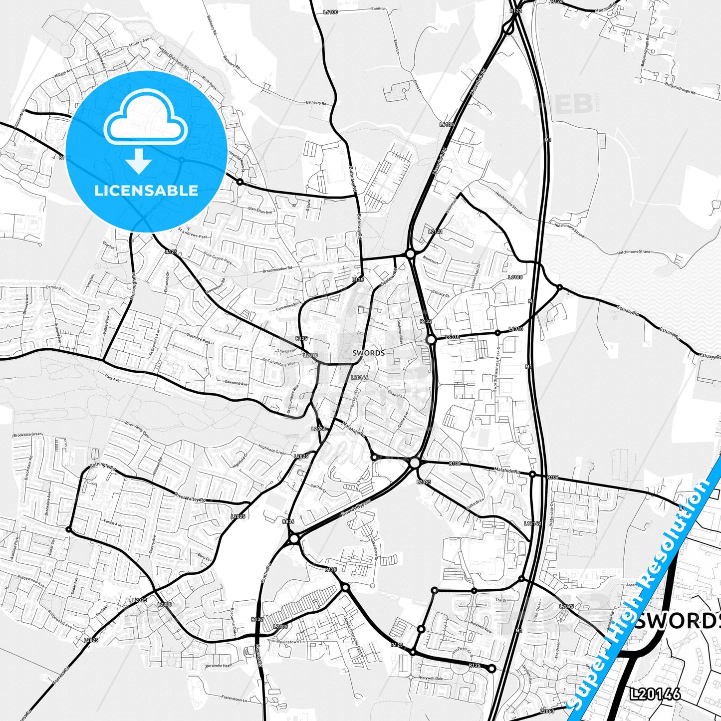 Swords, Ireland Light Map with Street Names, City Names, and Districts
