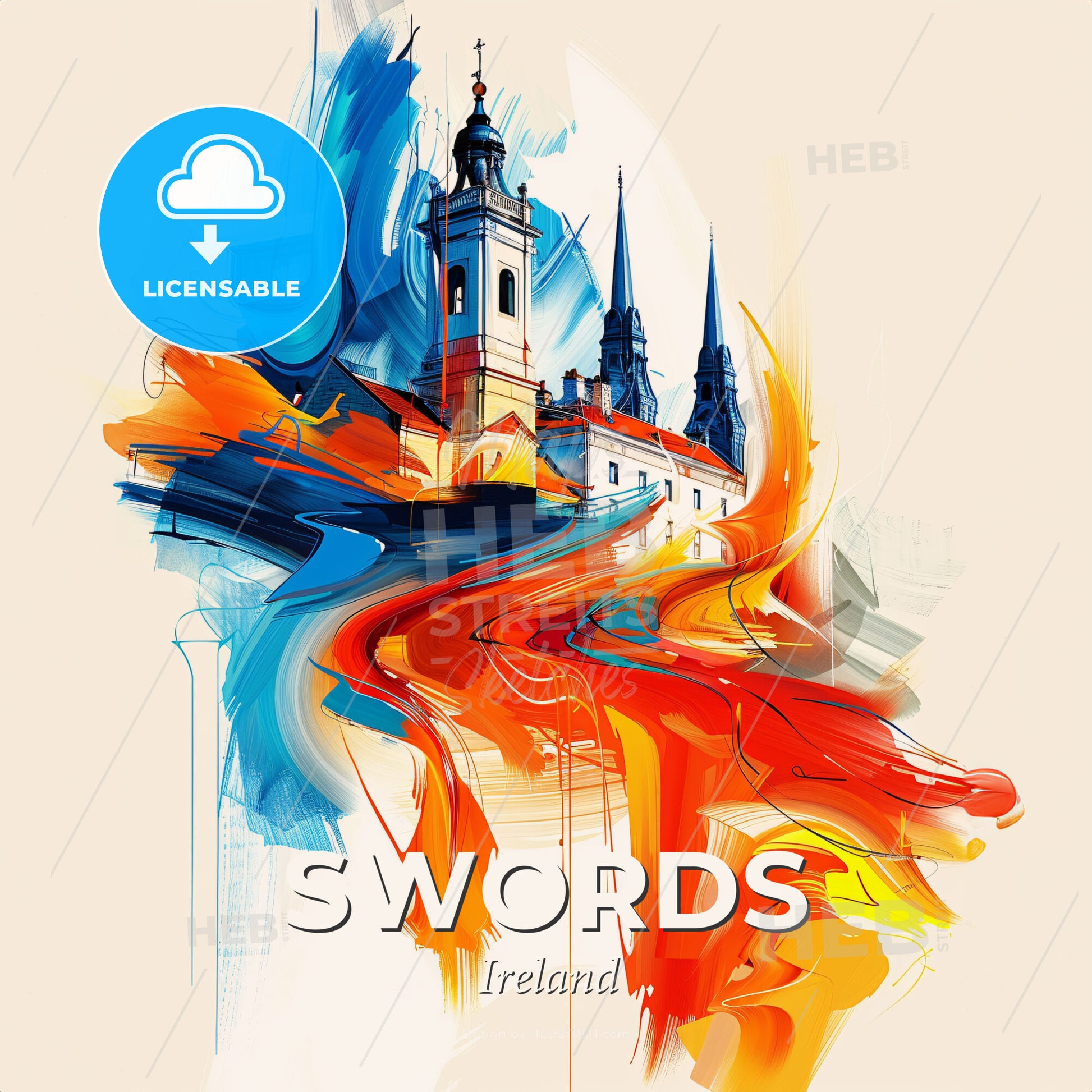 Vibrant Swords, Ireland - A Painting Of A Building With A Tower And Colorful Paint - Square format print template