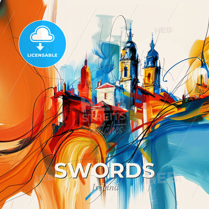 Vibrant Swords, Ireland - A Painting Of A Building With Towers And A Tower - Square format print template