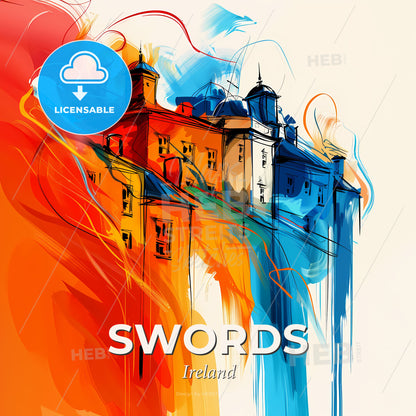 Vibrant Swords, Ireland - A Colorful Painting Of A Building - Square format print template