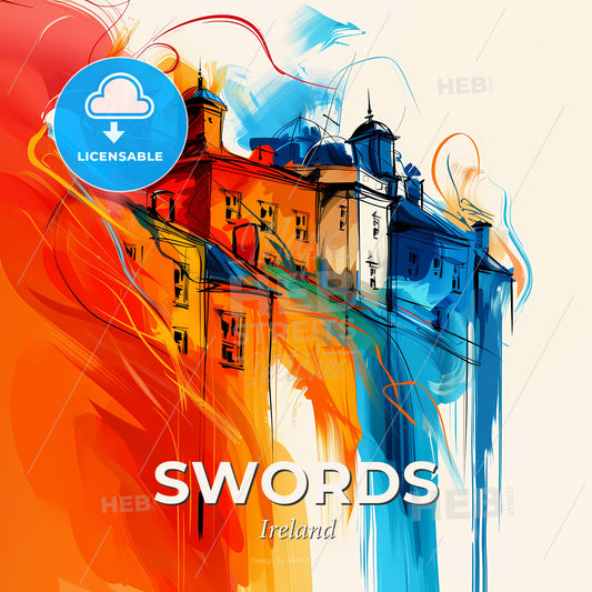 Vibrant Swords, Ireland - A Colorful Painting Of A Building - Square format print template