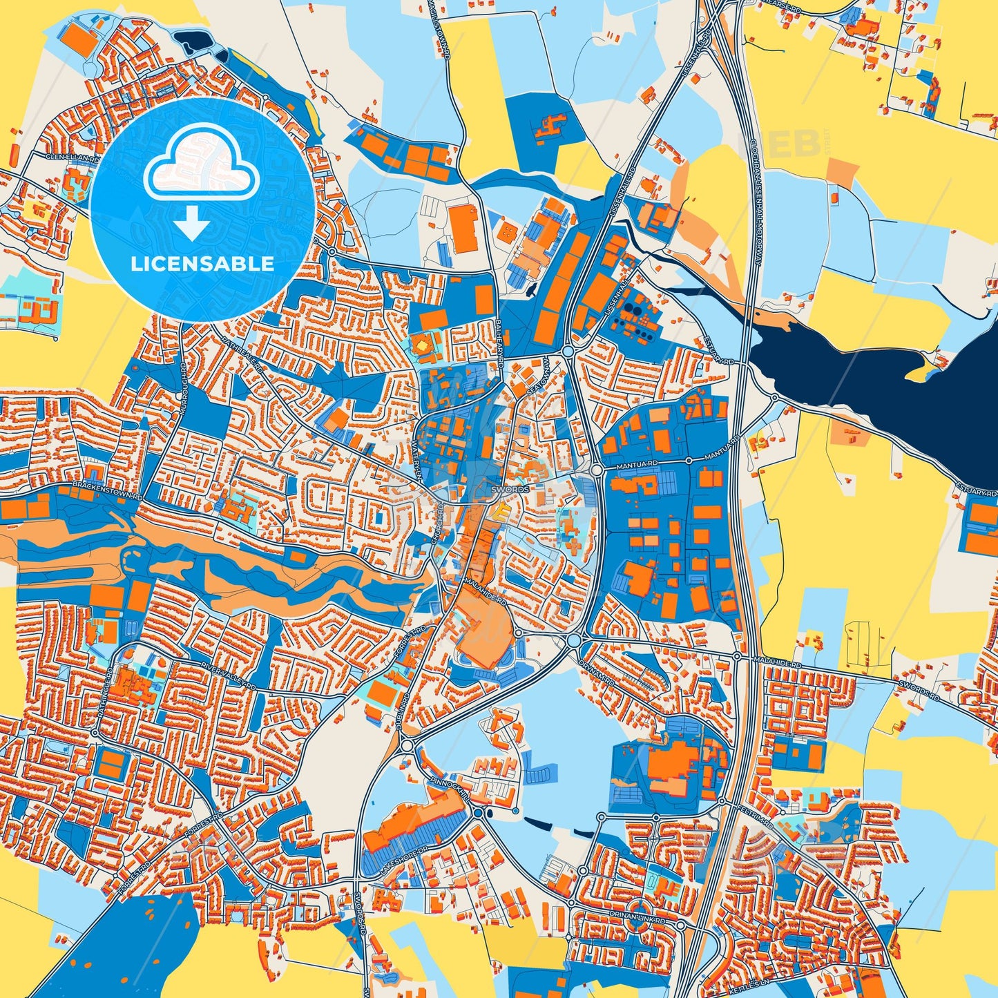 Colorful Swords Street Map with Labels and Buildings