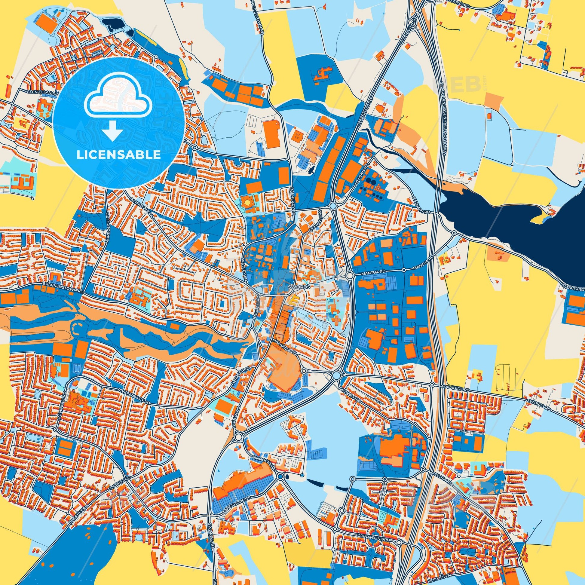 Colorful Swords Street Map with Labels and Buildings